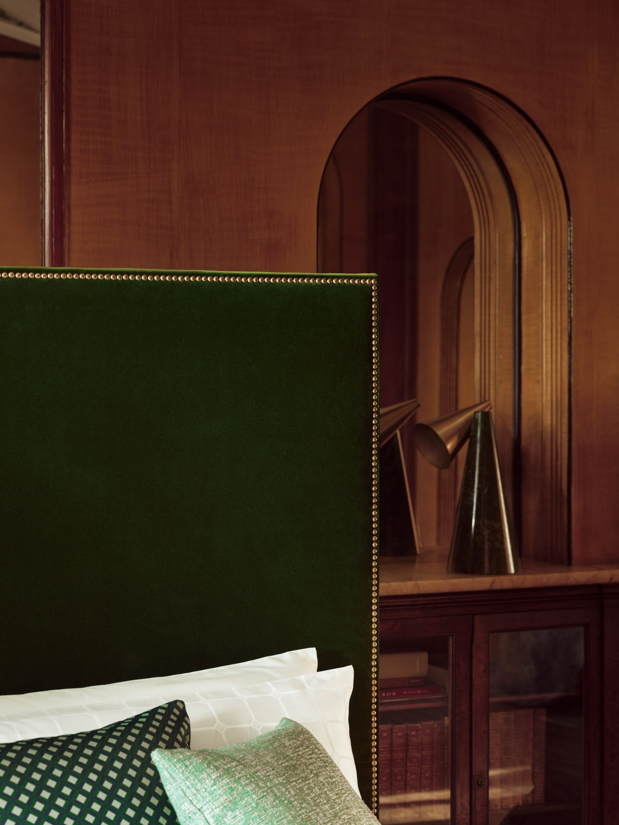 The close-up of a Harlech headboard