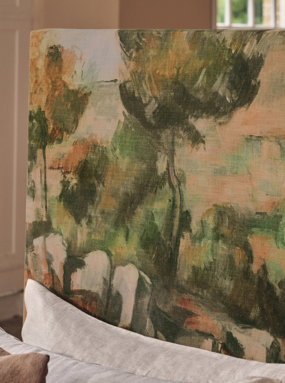 Close-up of the Savoir National Gallery headboard with the Hillside in Provence details