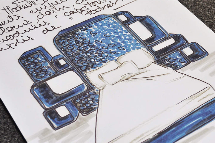 Drawing picture of the B bed with a blue headboard