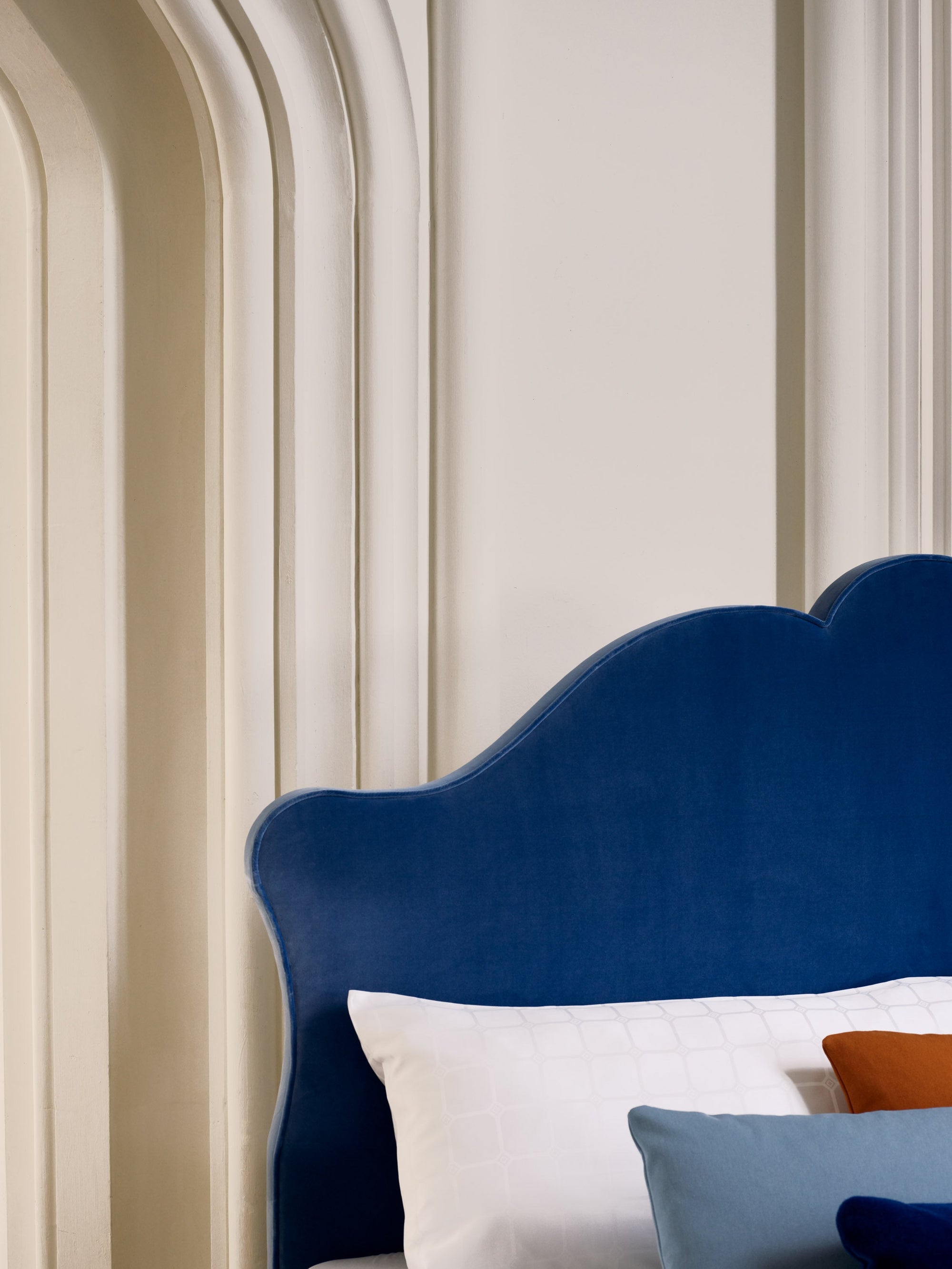 Detailed view of the Lenoir blue headboard