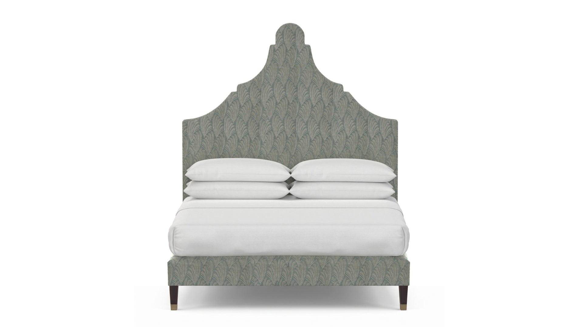 An upholstered bed with a tall  headboard and matching base in a textured sage green fabric, styled with white bedding and pillows against a plain white background.