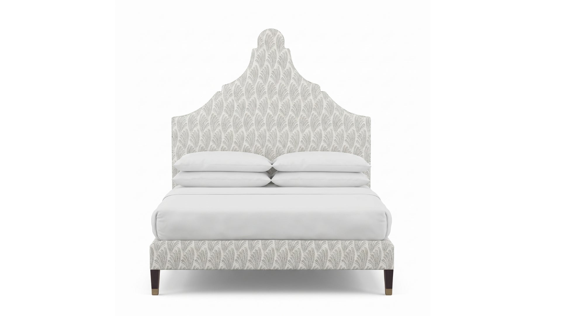 An upholstered bed with a tall headboard and matching base, covered in a light gray and white leaf style pattern, shown on a plain white background.