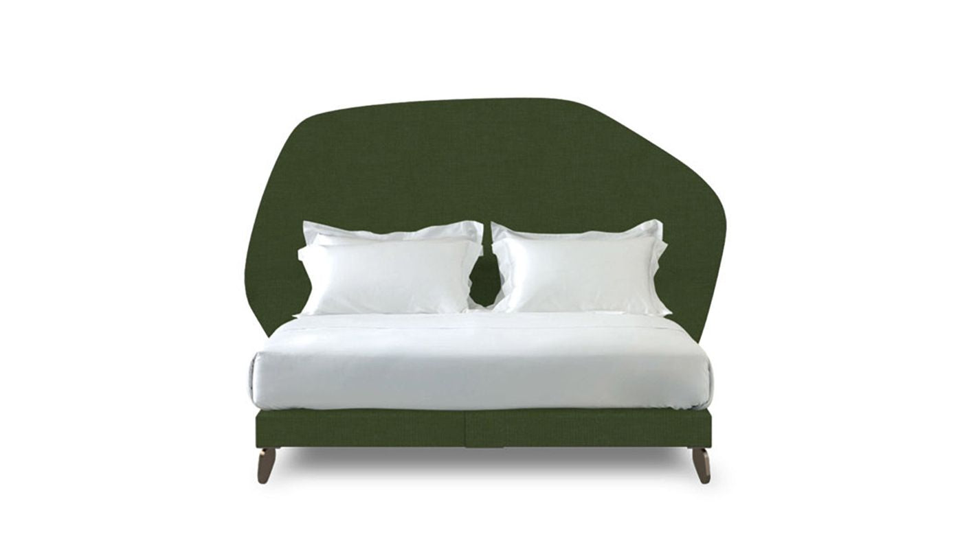 Undressed Cloud bed with a dark green fabric on headboard and base, featuring cushions