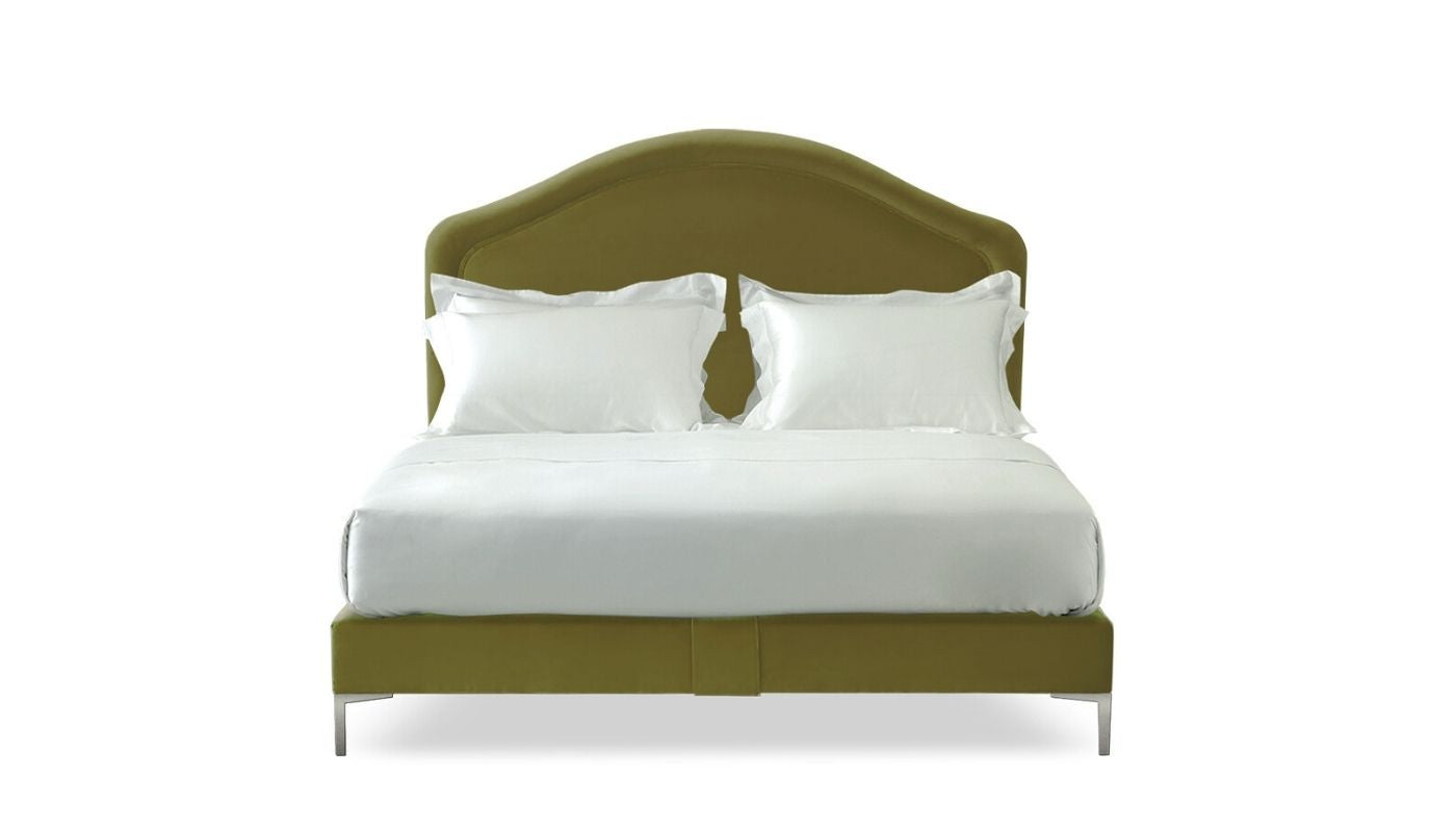 Undressed Cassie bed with a green fabric on headboard and base, featuring cushions