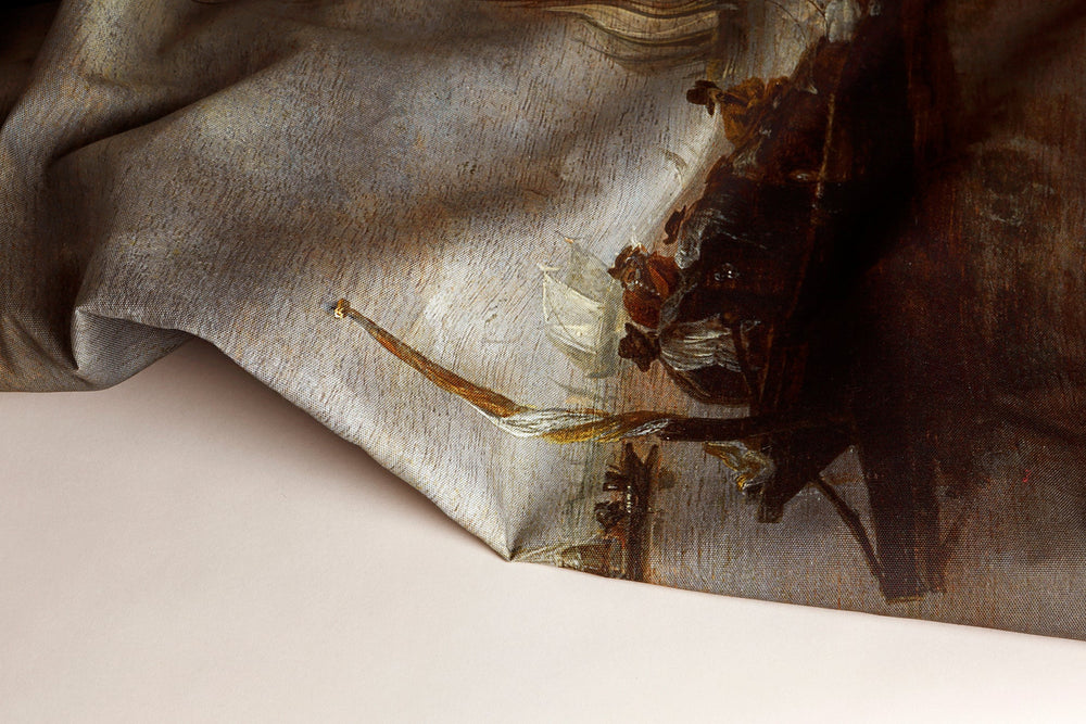 Close-up of the printed fabric detailing the shipping scene with a Dutch Yacht Firing a Salute by Jan van de Cappelle
