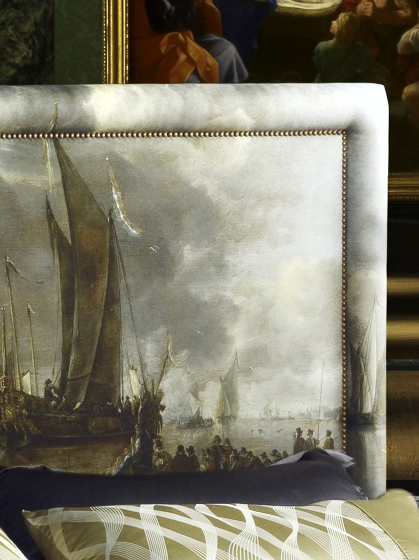 Close-up of the Felix headboard detailing a shipping Scene by Jan van de Cappelle