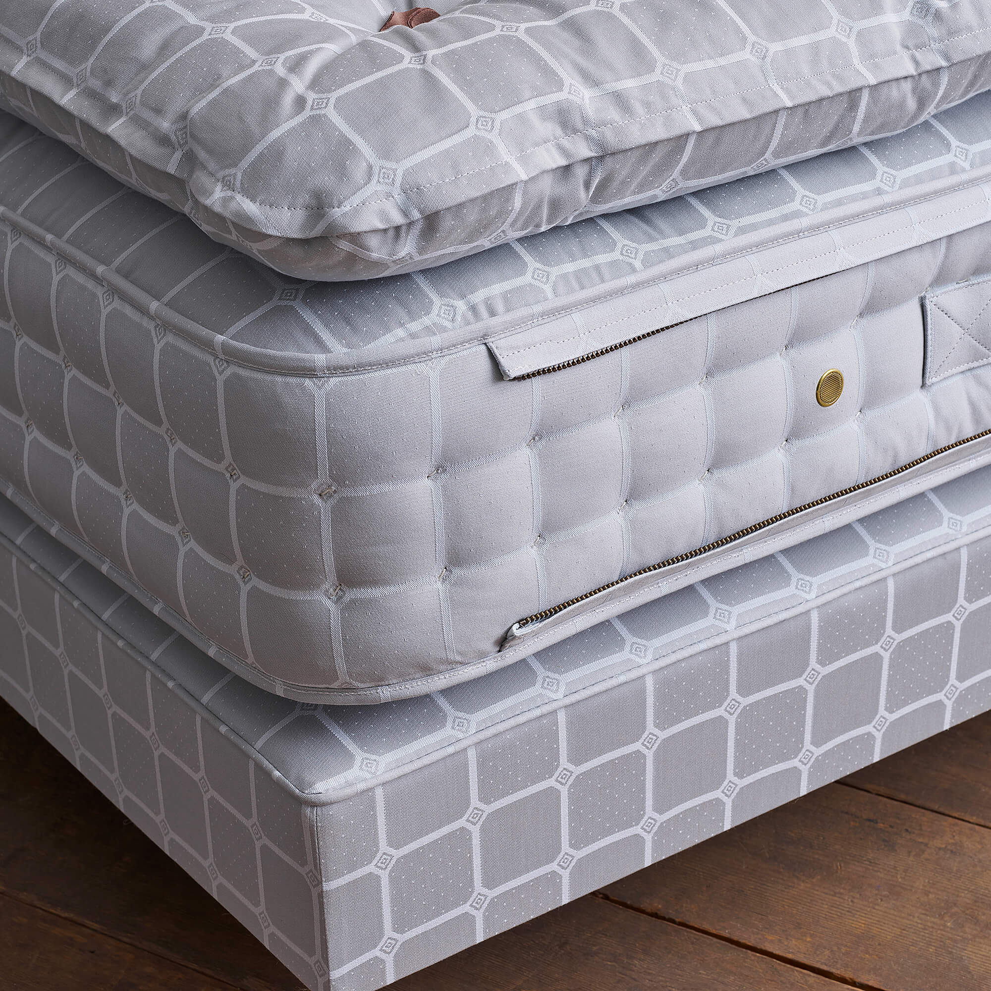 Close-up and side view of a No4 mattress and base