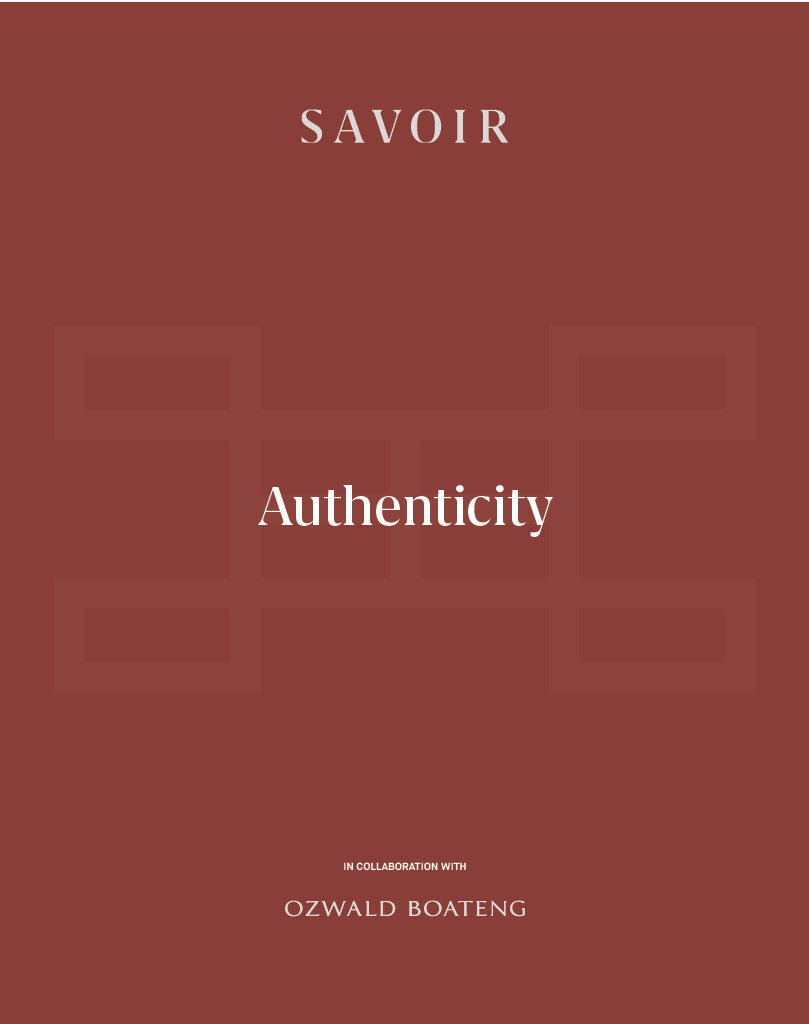 Red brochure cover with 'SAVOIR' and 'Authenticity' text, featuring Ozwald Boateng's authenticity bed