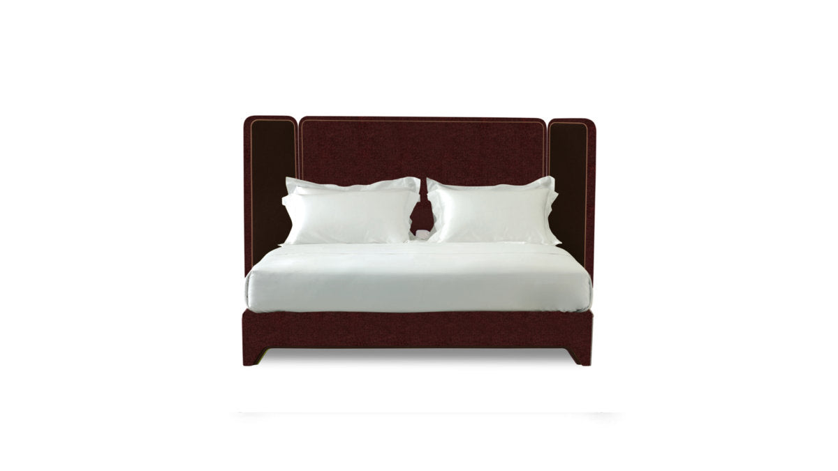 A view of the Savoir screen bed with a red wine headboard and side panels