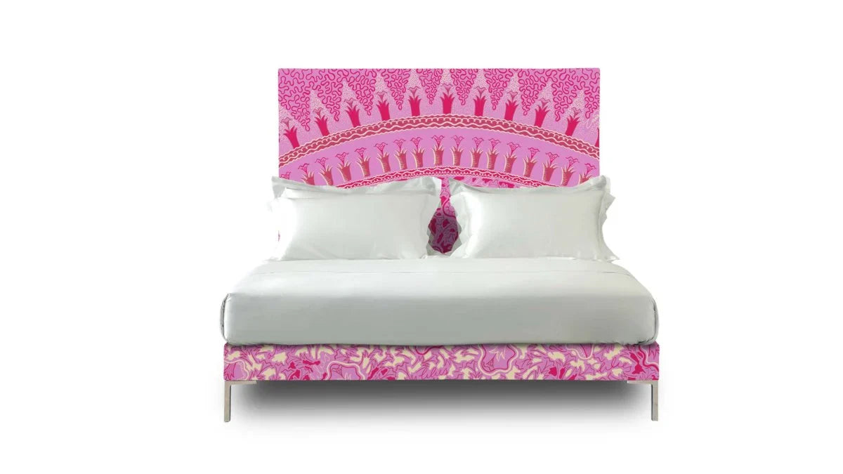 Entire view of the Lilies bed by Zandra Rhodes with bright pink accents