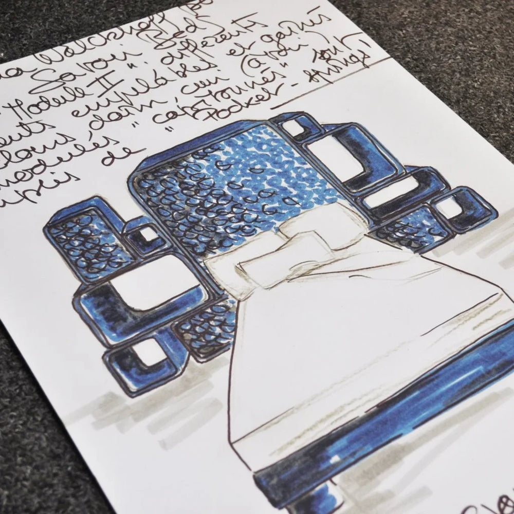 Hand drawing highlighting the B bed blue headboard