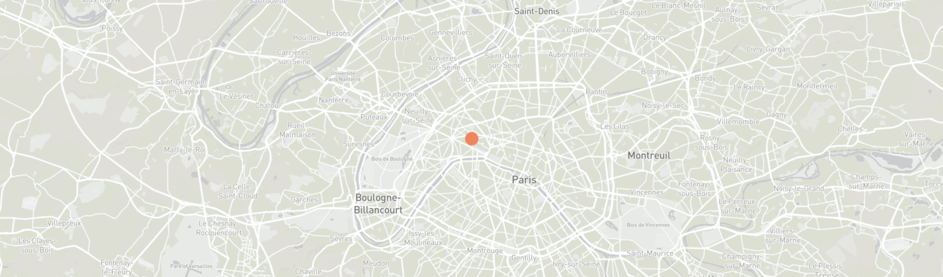 Map of Paris with a red dot indicating a specific location on a light gray background